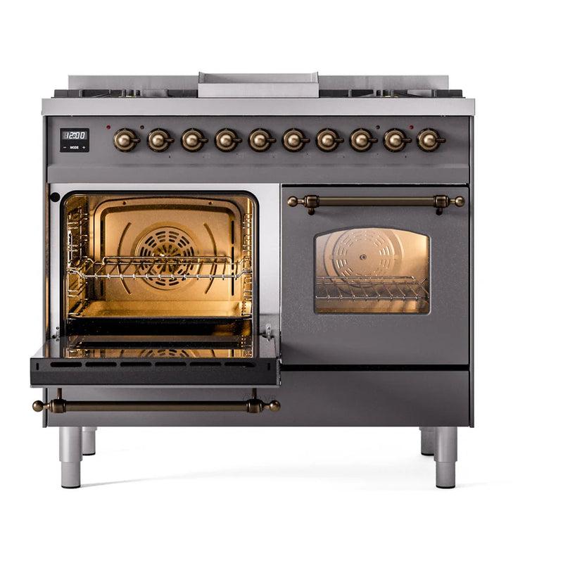 ILVE Nostalgie II 40" Dual Fuel Freestanding Range in Graphite Matte with Burnished Trim, UPD40FNMPMGBLP