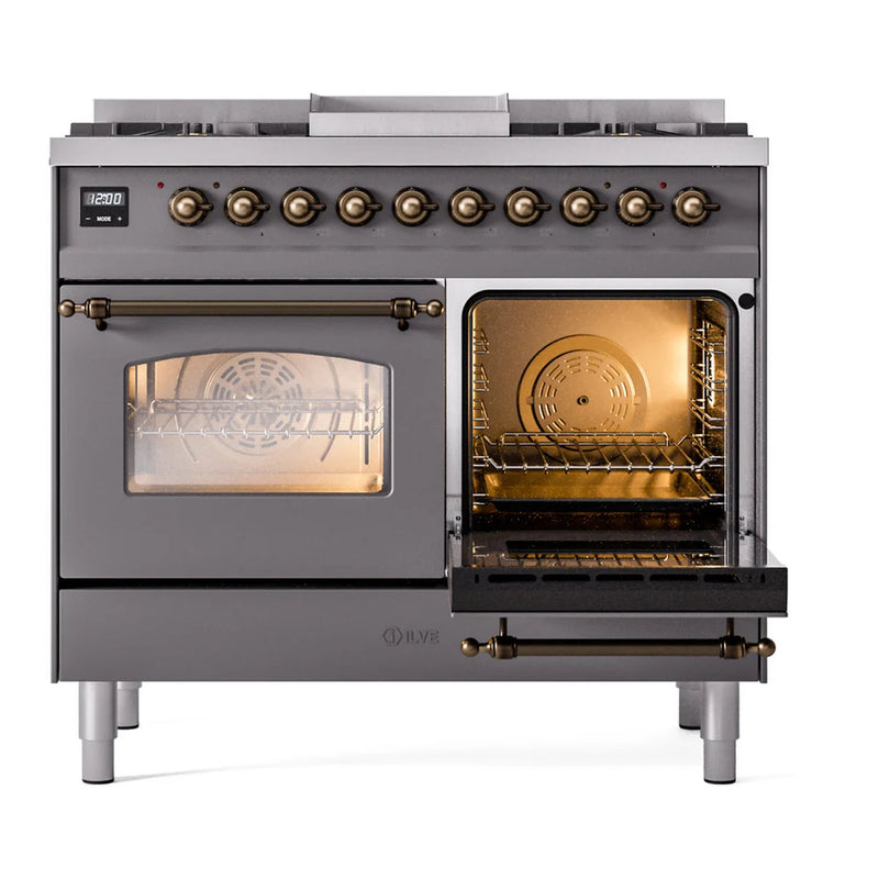 ILVE Nostalgie II 40" Dual Fuel Freestanding Range in Graphite Matte with Burnished Trim, UPD40FNMPMGBLP