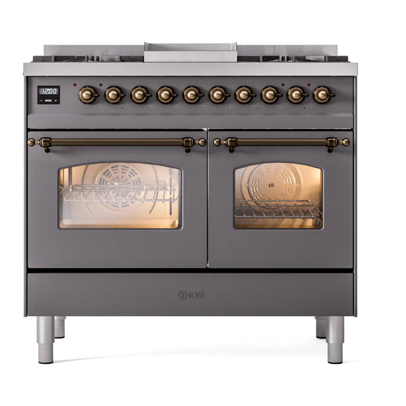 ILVE Nostalgie II 40" Dual Fuel Freestanding Range in Graphite Matte with Burnished Trim, UPD40FNMPMGB