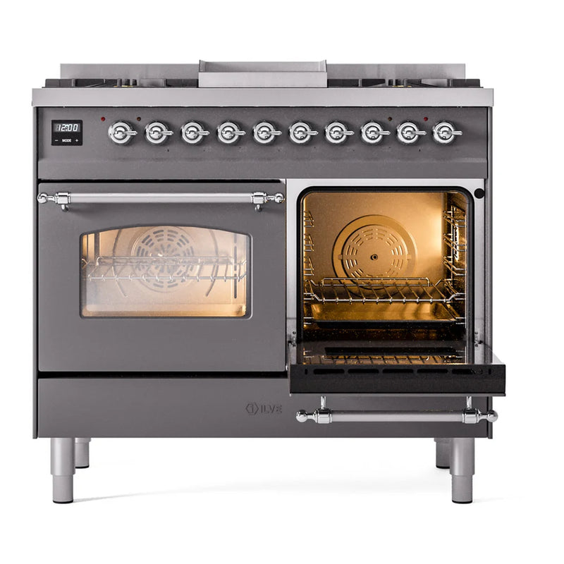 ILVE Nostalgie II 40" Dual Fuel Freestanding Range in Graphite Matte with Chrome Trim, UPD40FNMPMGCLP