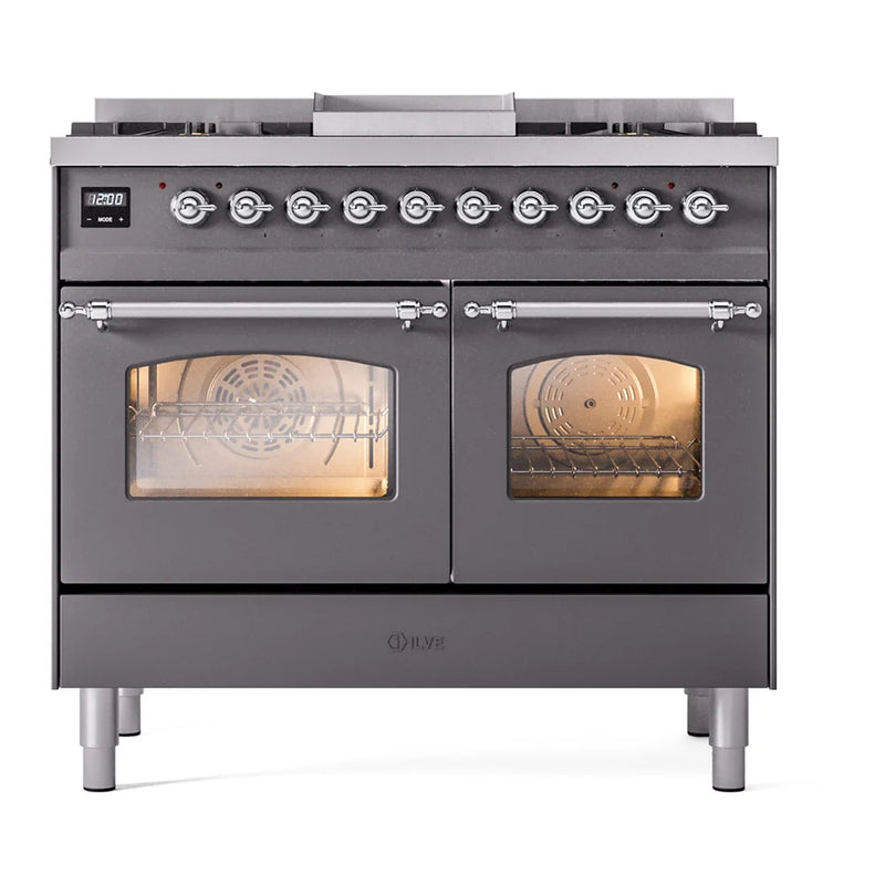 ILVE Nostalgie II 40" Dual Fuel Freestanding Range in Graphite Matte with Chrome Trim, UPD40FNMPMGC