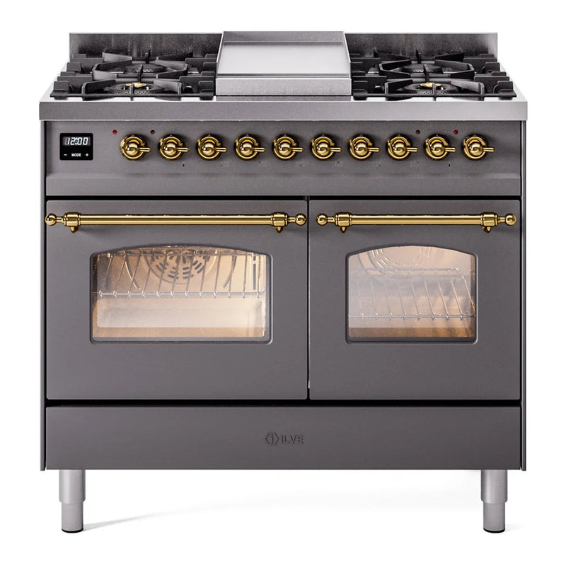 ILVE Nostalgie II 40" Dual Fuel Freestanding Range in Graphite Matte with Brass Trim, UPD40FNMPMGGLP