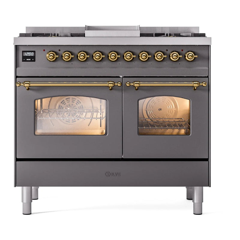 ILVE Nostalgie II 40" Dual Fuel Freestanding Range in Graphite Matte with Brass Trim, UPD40FNMPMGGLP