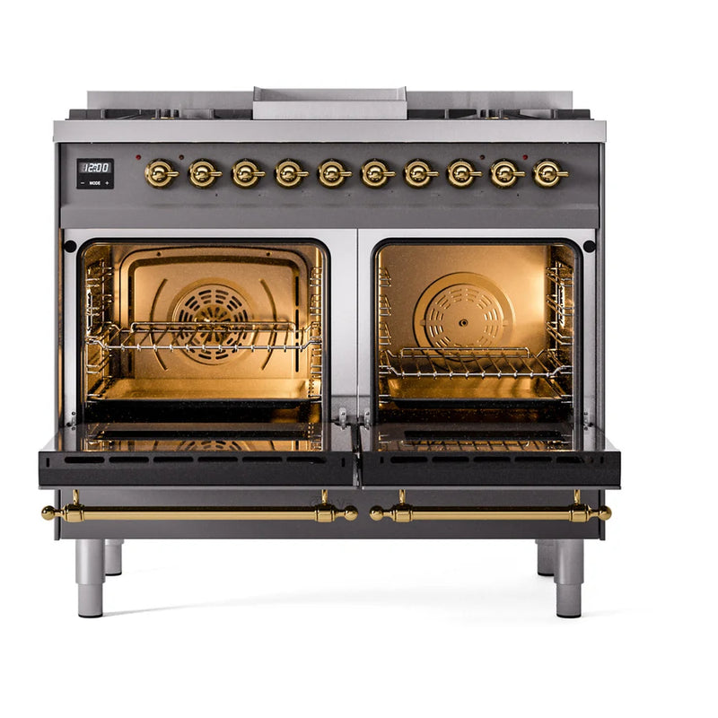 ILVE Nostalgie II 40" Dual Fuel Freestanding Range in Graphite Matte with Brass Trim, UPD40FNMPMGGLP