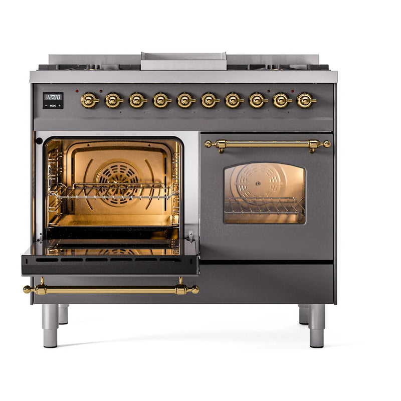 ILVE Nostalgie II 40" Dual Fuel Freestanding Range in Graphite Matte with Brass Trim, UPD40FNMPMGGLP