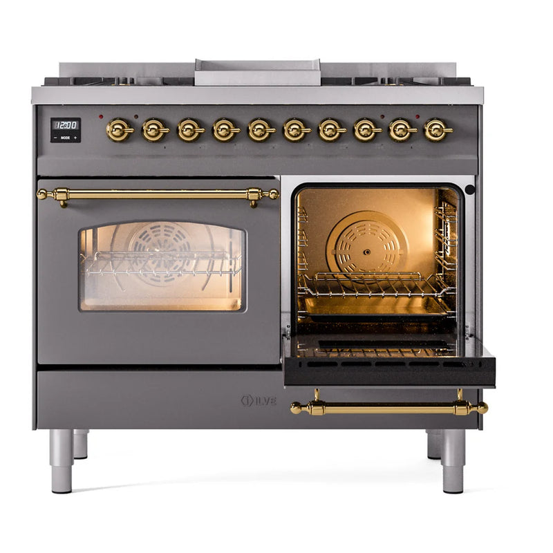 ILVE Nostalgie II 40" Dual Fuel Freestanding Range in Graphite Matte with Brass Trim, UPD40FNMPMGGLP