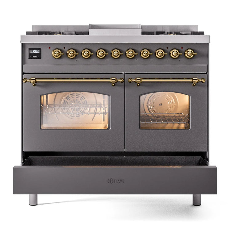 ILVE Nostalgie II 40" Dual Fuel Freestanding Range in Graphite Matte with Brass Trim, UPD40FNMPMGGLP