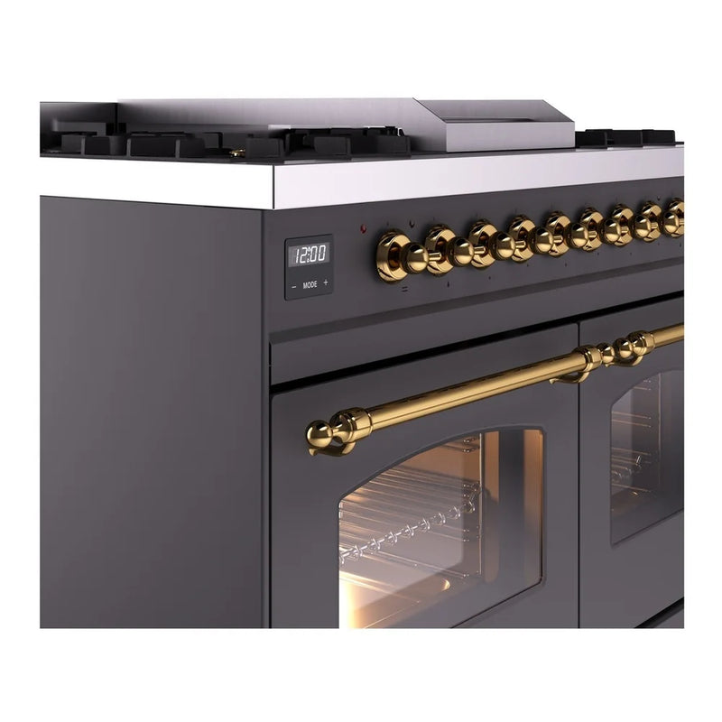 ILVE Nostalgie II 40" Dual Fuel Freestanding Range in Graphite Matte with Brass Trim, UPD40FNMPMGGLP