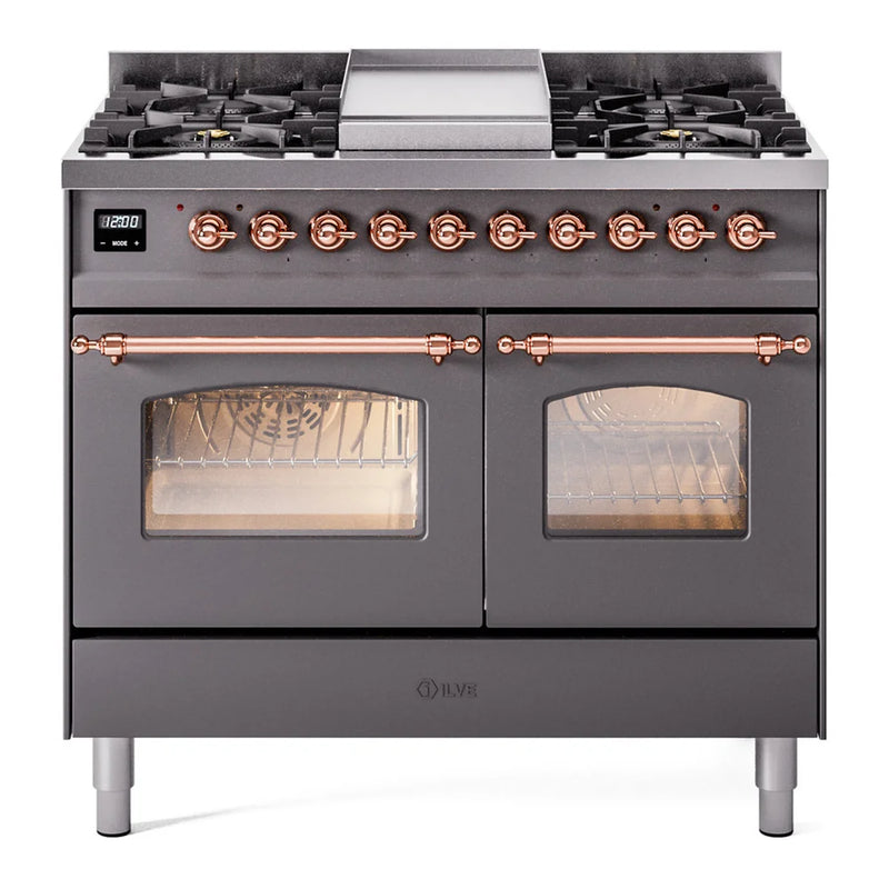 ILVE Nostalgie II 40" Dual Fuel Freestanding Range in Graphite Matte with Copper Trim, UPD40FNMPMGPLP