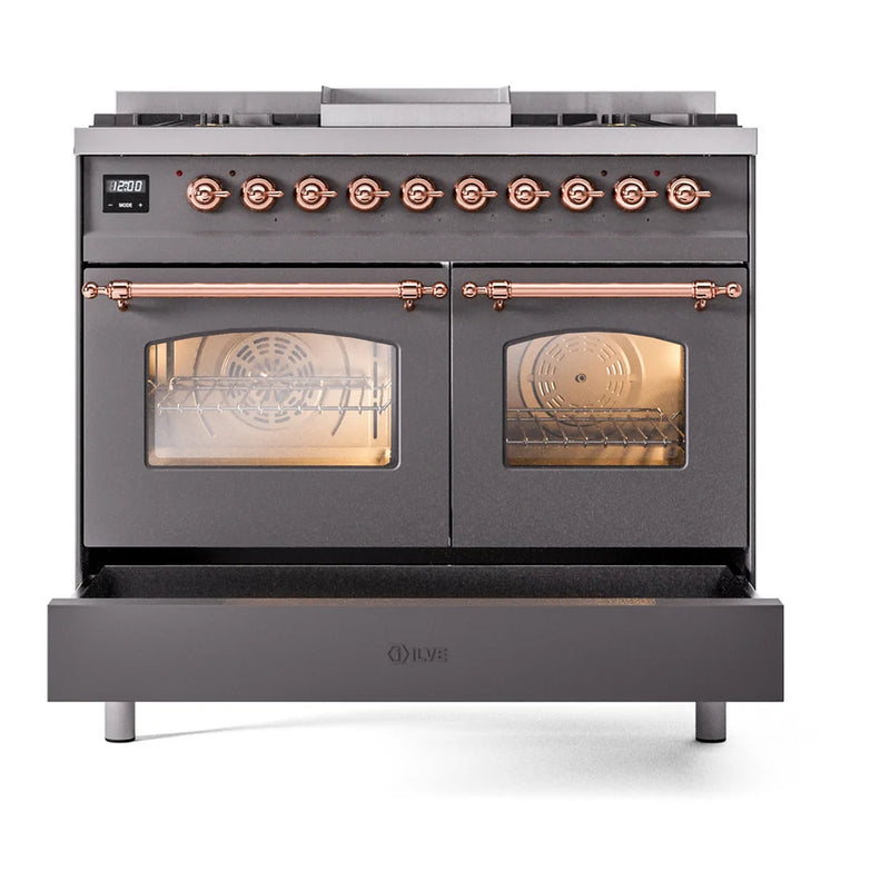 ILVE Nostalgie II 40" Dual Fuel Freestanding Range in Graphite Matte with Copper Trim, UPD40FNMPMGPLP