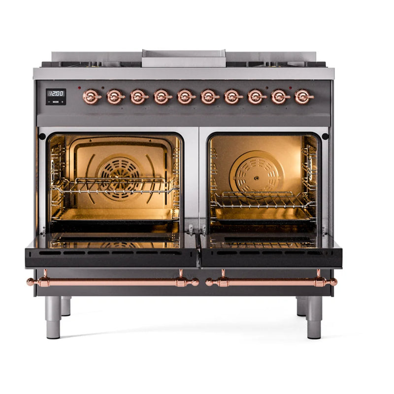 ILVE Nostalgie II 40" Dual Fuel Freestanding Range in Graphite Matte with Copper Trim, UPD40FNMPMGP