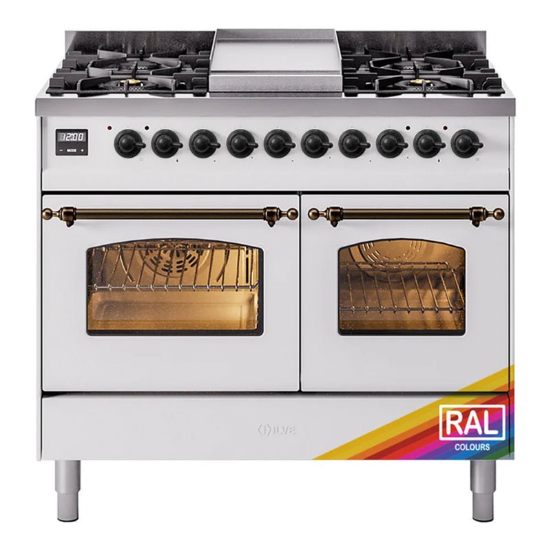 ILVE Nostalgie II 40" Dual Fuel Freestanding Range in RAL Color with Burnished Trim, UPD40FNMPRABLP