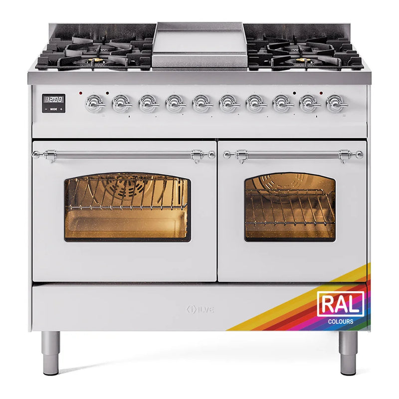ILVE Nostalgie II 40" Dual Fuel Freestanding Range in RAL Color with Chrome Trim, UPD40FNMPRAC