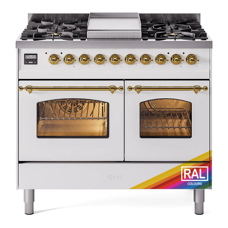 ILVE Nostalgie II 40" Dual Fuel Freestanding Range in RAL Color with Brass Trim, UPD40FNMPRAGLP