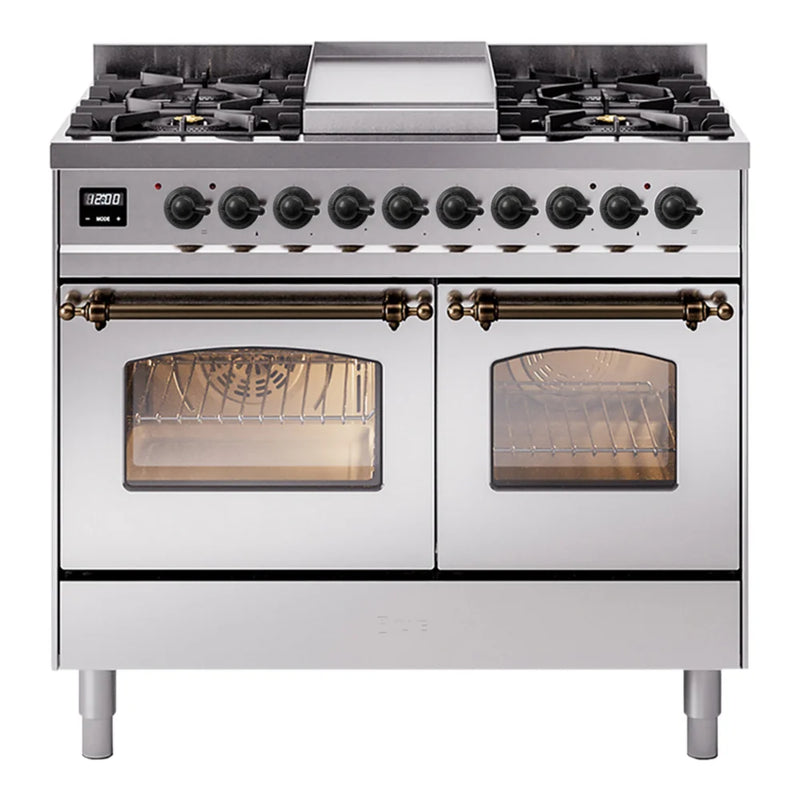 ILVE Nostalgie II 40" Dual Fuel Freestanding Range in Stainless Steel with Burnished Trim, UPD40FNMPSSBLP