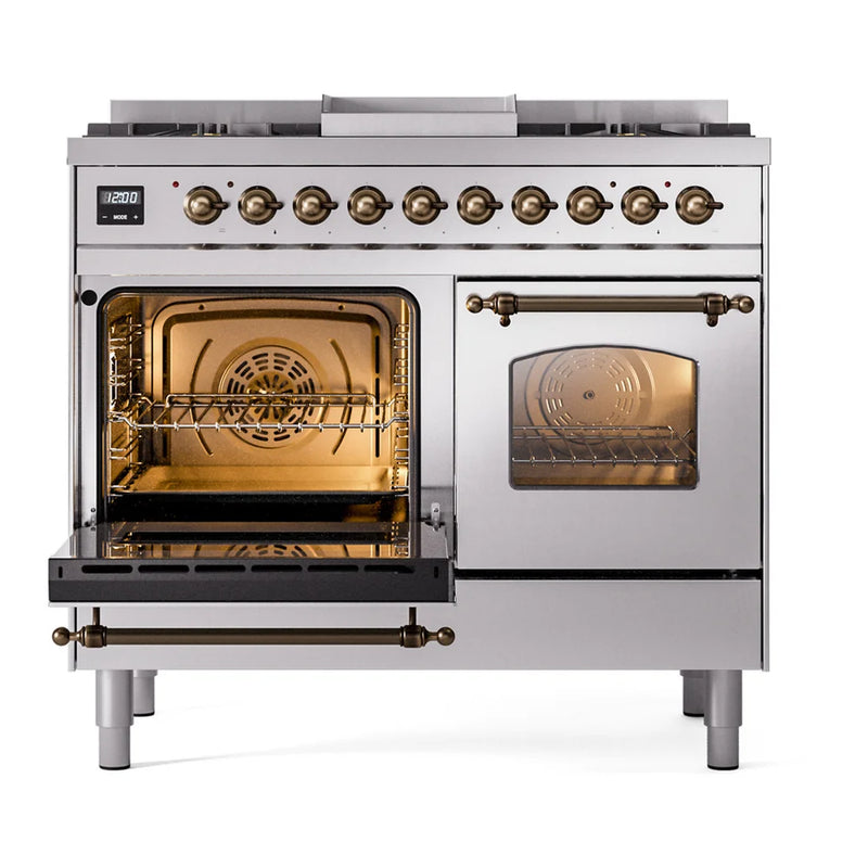 ILVE Nostalgie II 40" Dual Fuel Freestanding Range in Stainless Steel with Burnished Trim, UPD40FNMPSSBLP