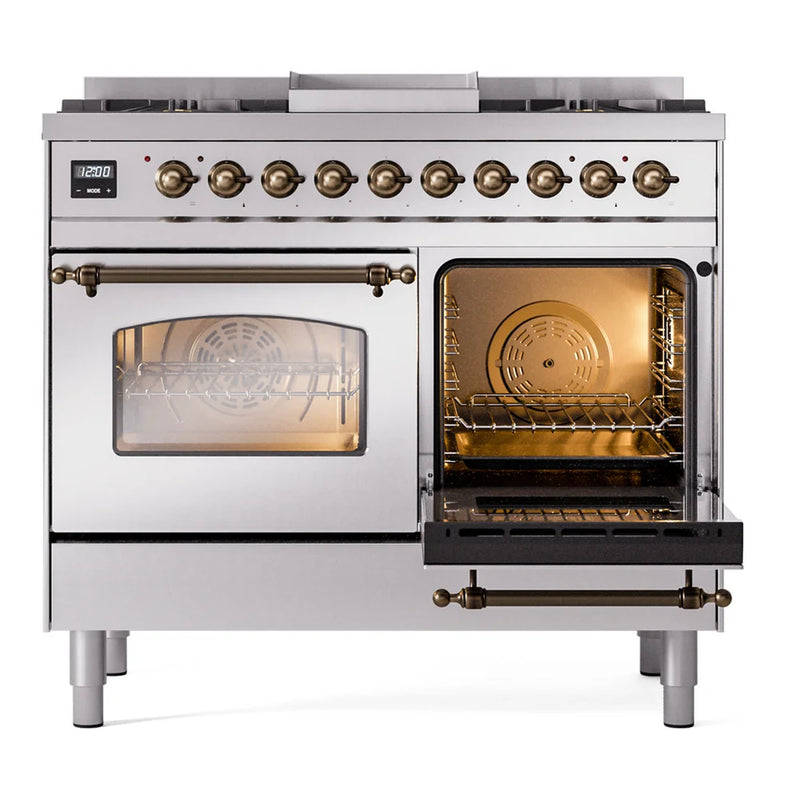 ILVE Nostalgie II 40" Dual Fuel Freestanding Range in Stainless Steel with Burnished Trim, UPD40FNMPSSBLP