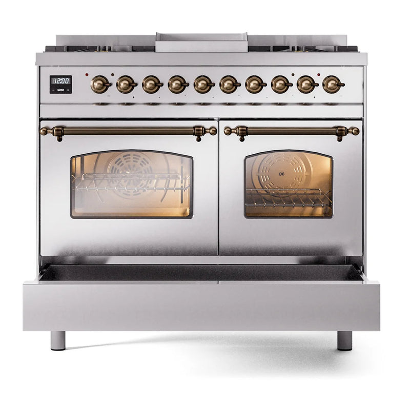 ILVE Nostalgie II 40" Dual Fuel Freestanding Range in Stainless Steel with Burnished Trim, UPD40FNMPSSBLP