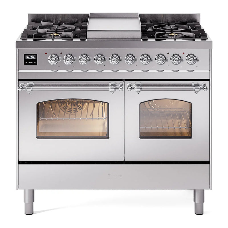 ILVE Nostalgie II 40" Dual Fuel Freestanding Range in Stainless Steel with Chrome Trim, UPD40FNMPSSCLP