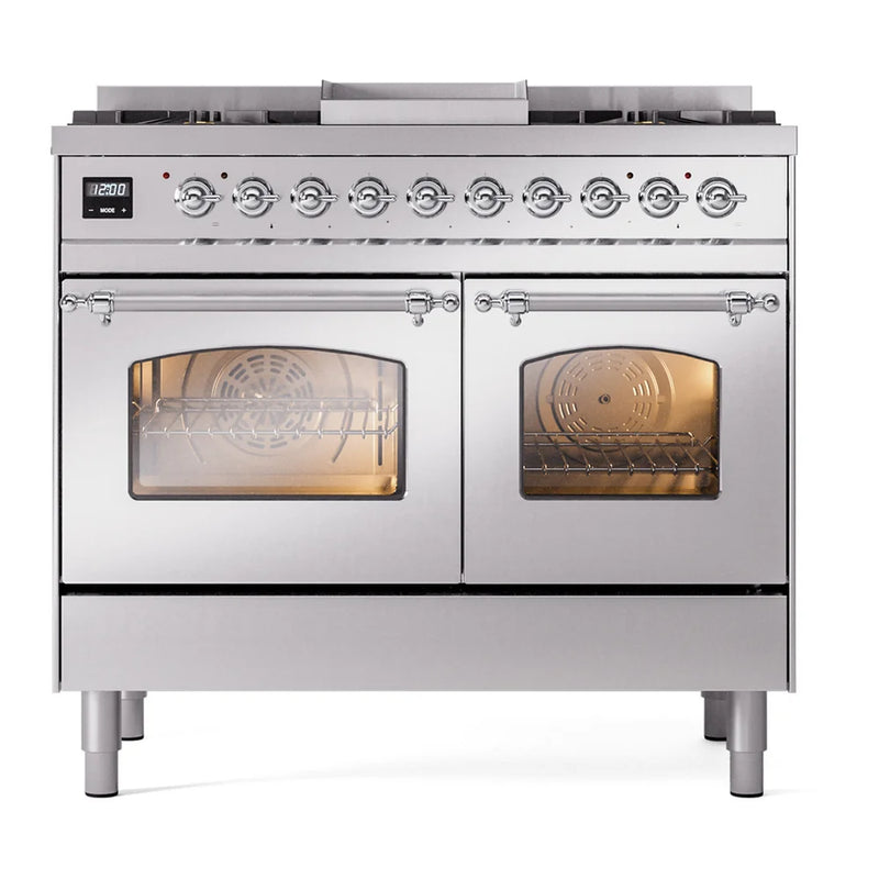 ILVE Nostalgie II 40" Dual Fuel Freestanding Range in Stainless Steel with Chrome Trim, UPD40FNMPSSCLP