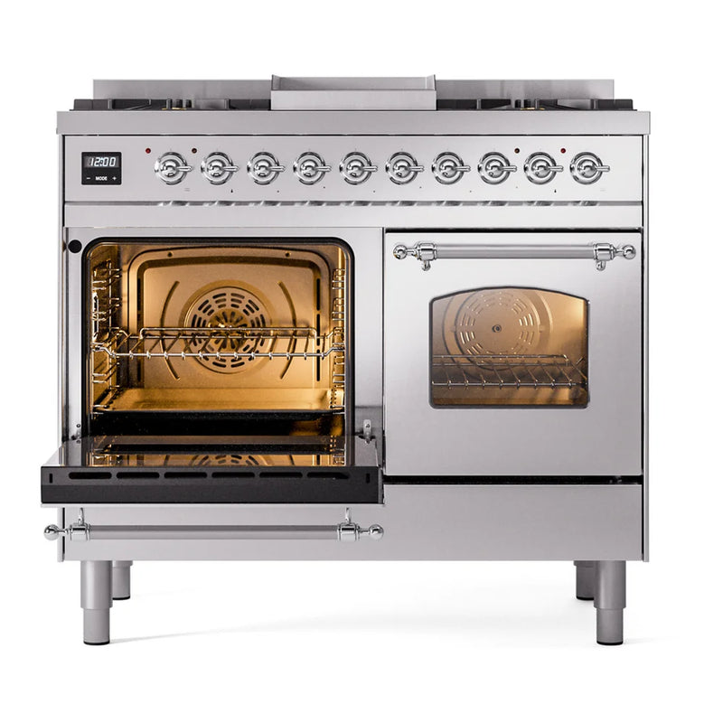 ILVE Nostalgie II 40" Dual Fuel Freestanding Range in Stainless Steel with Chrome Trim, UPD40FNMPSSCLP