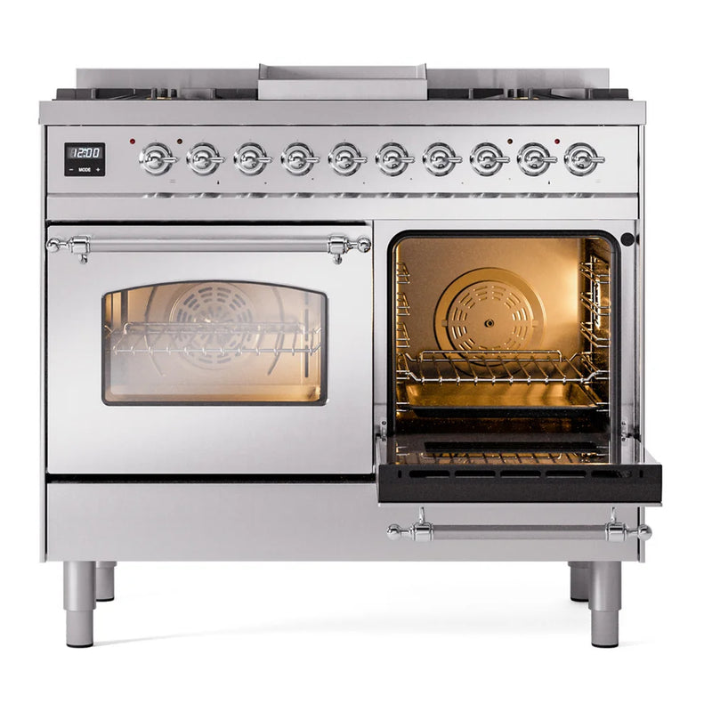 ILVE Nostalgie II 40" Dual Fuel Freestanding Range in Stainless Steel with Chrome Trim, UPD40FNMPSSCLP