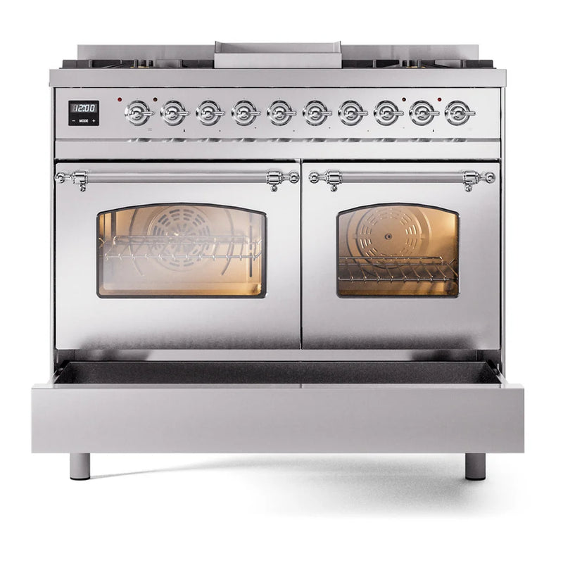ILVE Nostalgie II 40" Dual Fuel Freestanding Range in Stainless Steel with Chrome Trim, UPD40FNMPSSCLP