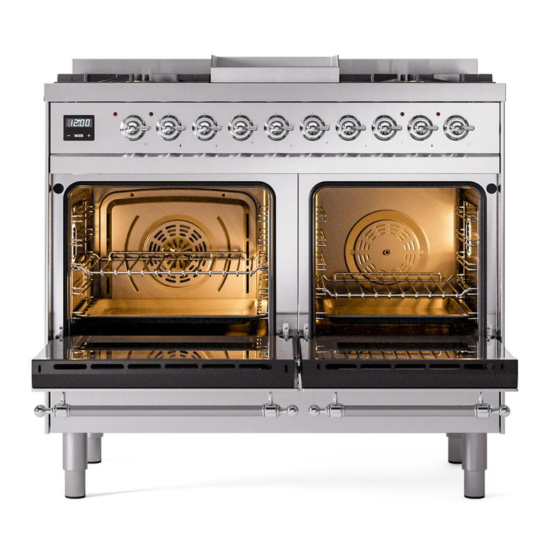 ILVE Nostalgie II 40" Dual Fuel Freestanding Range in Stainless Steel with Chrome Trim, UPD40FNMPSSC