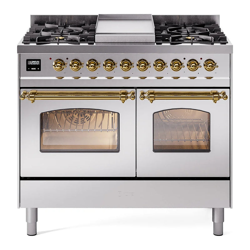 ILVE Nostalgie II 40" Dual Fuel Freestanding Range in Stainless Steel with Brass Trim, UPD40FNMPSSGLP