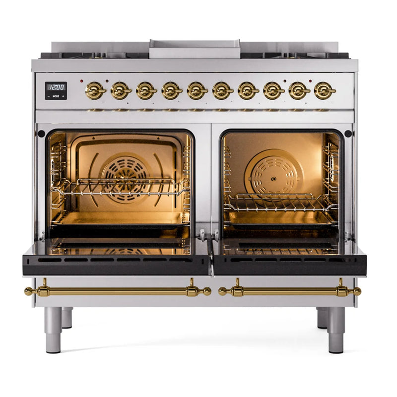 ILVE Nostalgie II 40" Dual Fuel Freestanding Range in Stainless Steel with Brass Trim, UPD40FNMPSSGLP