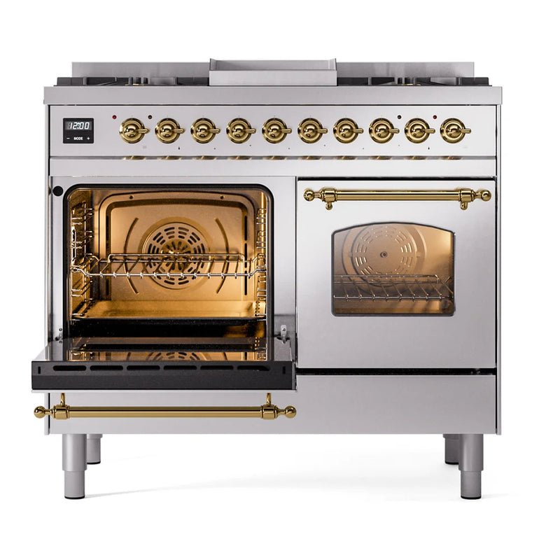 ILVE Nostalgie II 40" Dual Fuel Freestanding Range in Stainless Steel with Brass Trim, UPD40FNMPSSGLP