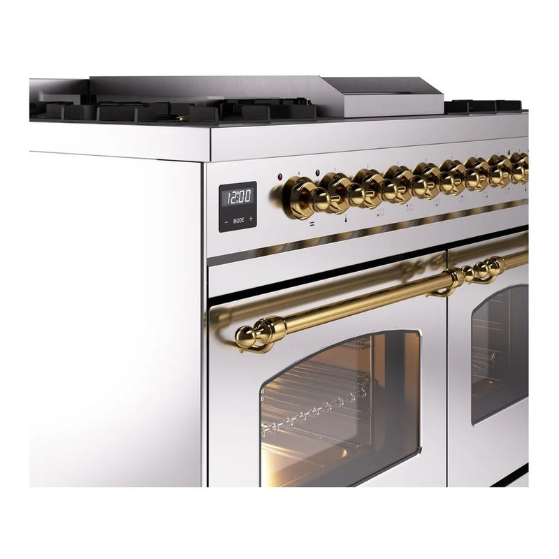 ILVE Nostalgie II 40" Dual Fuel Freestanding Range in Stainless Steel with Brass Trim, UPD40FNMPSSGLP