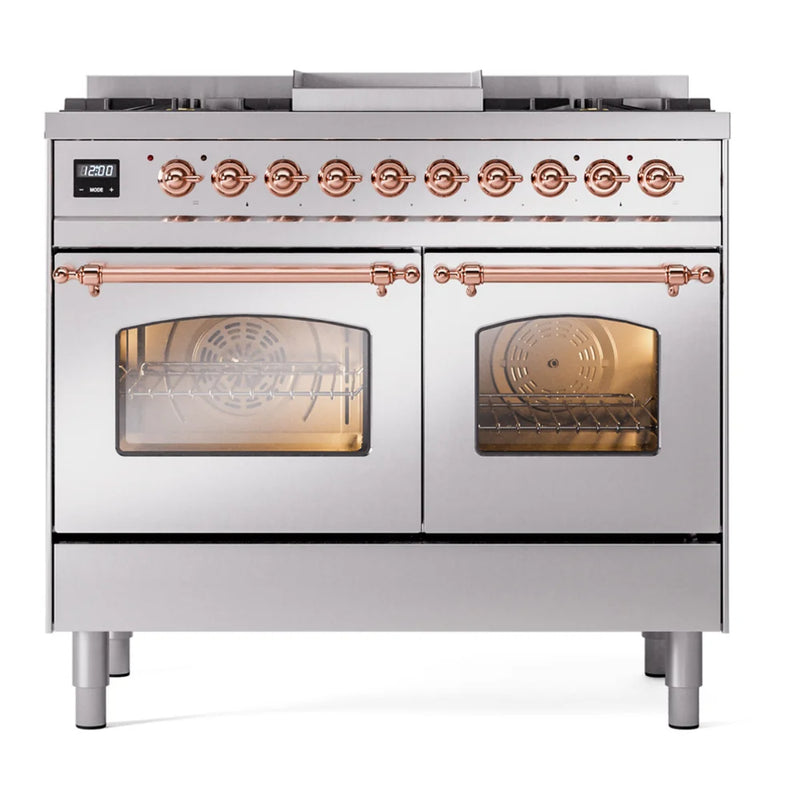 ILVE Nostalgie II 40" Dual Fuel Freestanding Range in Stainless Steel with Copper Trim, UPD40FNMPSSP