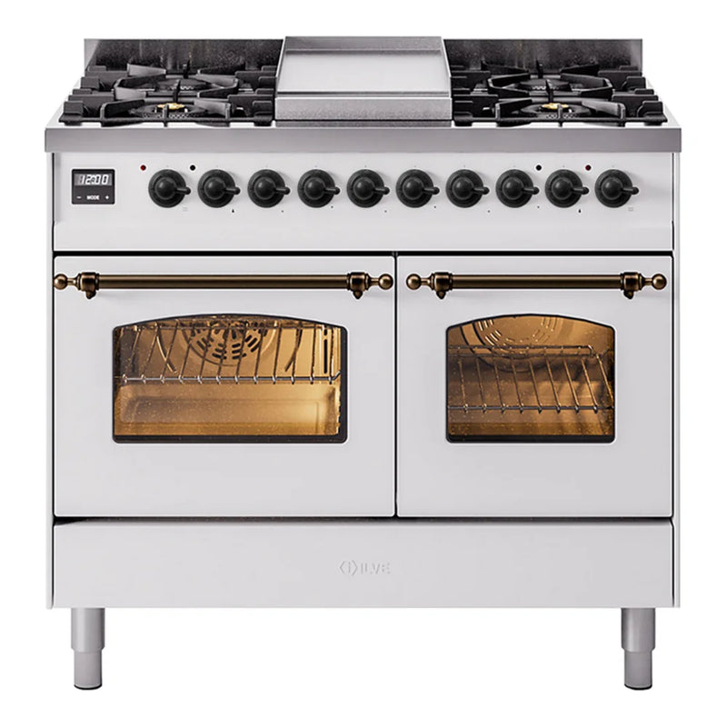 ILVE Nostalgie II 40" Dual Fuel Freestanding Range in White with Burnished Trim, UPD40FNMPWHBLP
