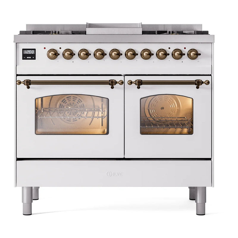 ILVE Nostalgie II 40" Dual Fuel Freestanding Range in White with Burnished Trim, UPD40FNMPWHBLP