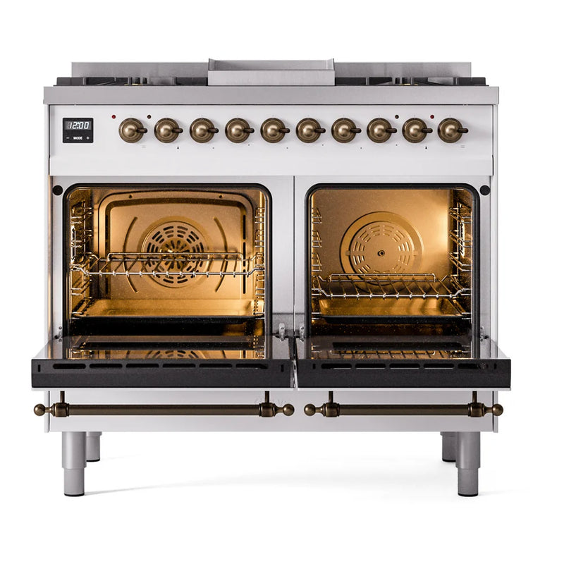 ILVE Nostalgie II 40" Dual Fuel Freestanding Range in White with Burnished Trim, UPD40FNMPWHBLP