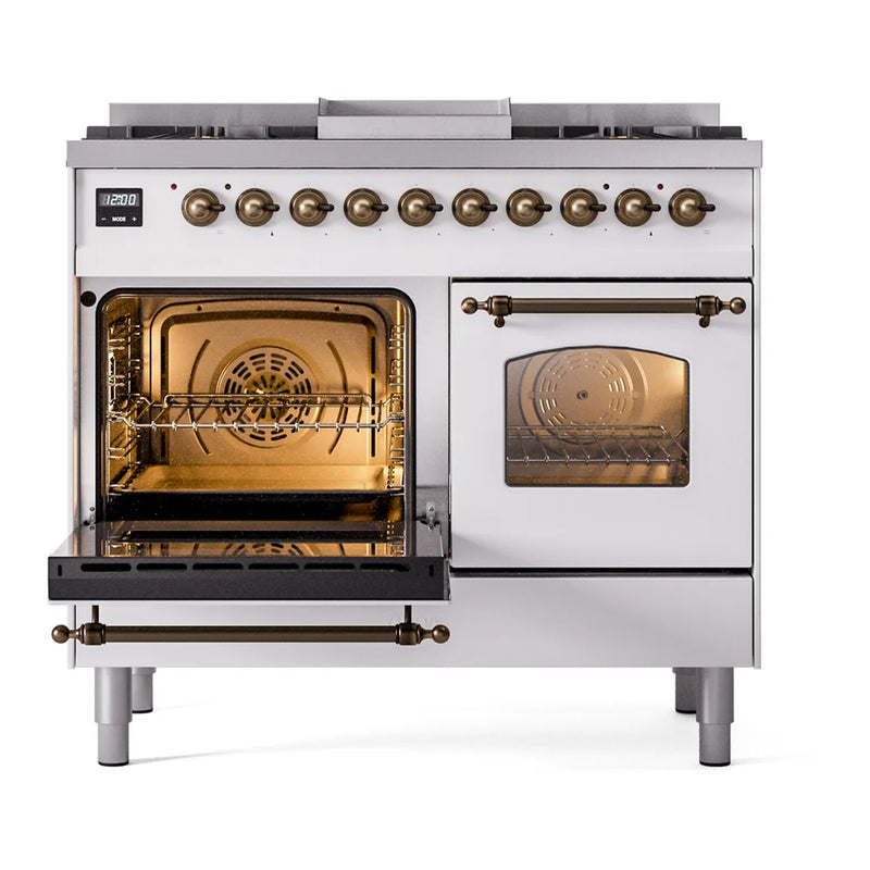 ILVE Nostalgie II 40" Dual Fuel Freestanding Range in White with Burnished Trim, UPD40FNMPWHBLP
