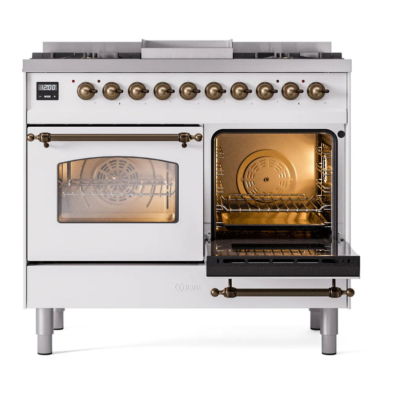 ILVE Nostalgie II 40" Dual Fuel Freestanding Range in White with Burnished Trim, UPD40FNMPWHBLP