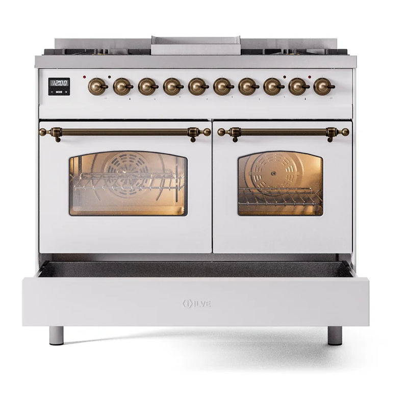 ILVE Nostalgie II 40" Dual Fuel Freestanding Range in White with Burnished Trim, UPD40FNMPWHBLP