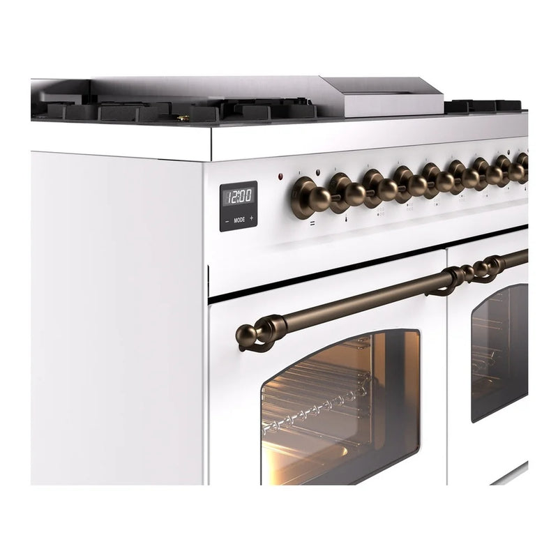 ILVE Nostalgie II 40" Dual Fuel Freestanding Range in White with Burnished Trim, UPD40FNMPWHBLP