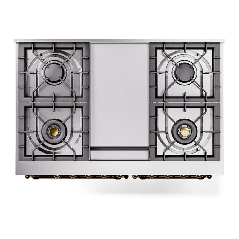 ILVE Nostalgie II 40" Dual Fuel Freestanding Range in White with Burnished Trim, UPD40FNMPWHBLP