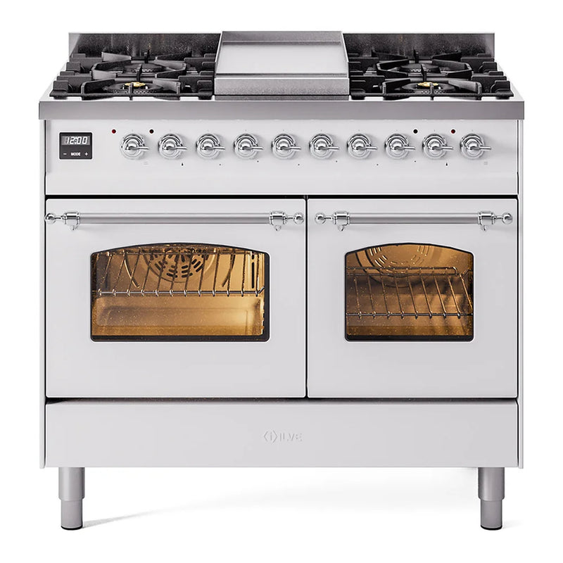 ILVE Nostalgie II 40" Dual Fuel Freestanding Range in White with Chrome Trim, UPD40FNMPWHC