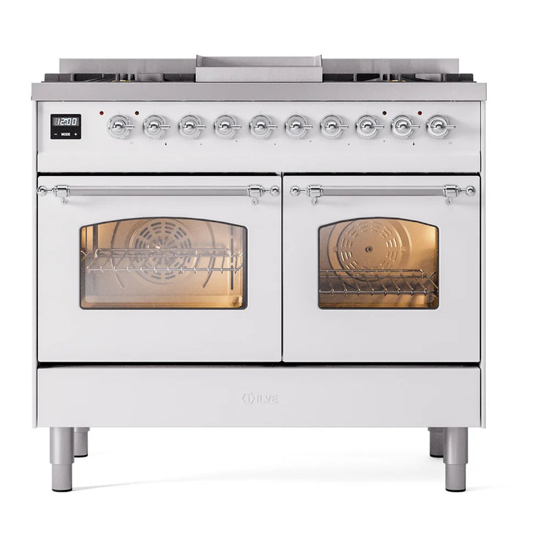 ILVE Nostalgie II 40" Dual Fuel Freestanding Range in White with Chrome Trim, UPD40FNMPWHC