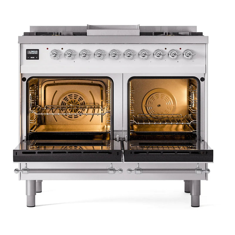 ILVE Nostalgie II 40" Dual Fuel Freestanding Range in White with Chrome Trim, UPD40FNMPWHC