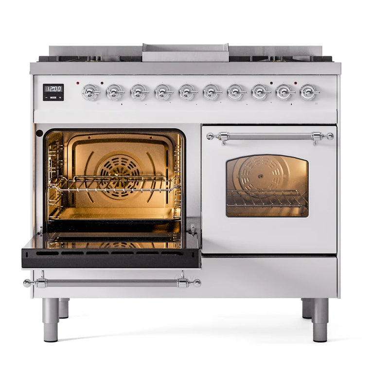 ILVE Nostalgie II 40" Dual Fuel Freestanding Range in White with Chrome Trim, UPD40FNMPWHC