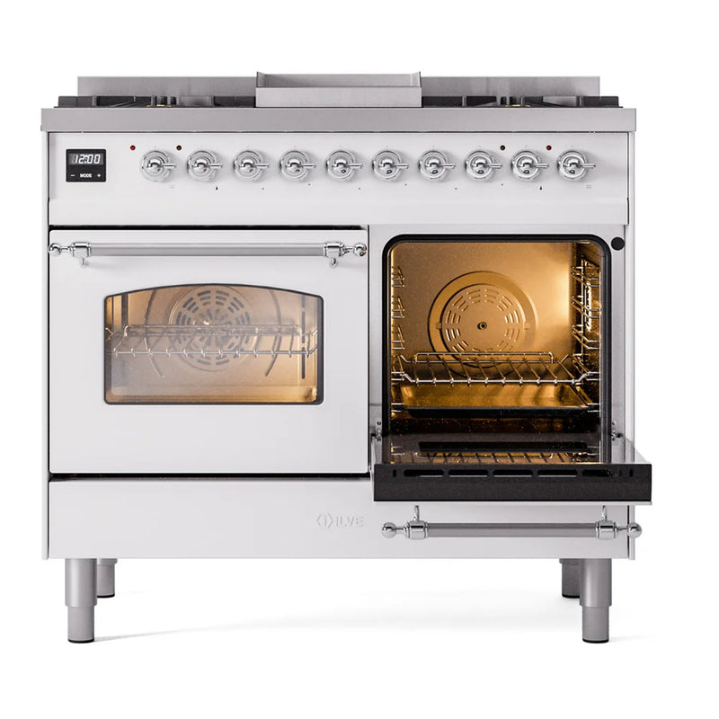 ILVE Nostalgie II 40" Dual Fuel Freestanding Range in White with Chrome Trim, UPD40FNMPWHC