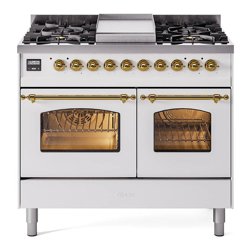 ILVE Nostalgie II 40" Dual Fuel Freestanding Range in White with Brass Trim, UPD40FNMPWHGLP