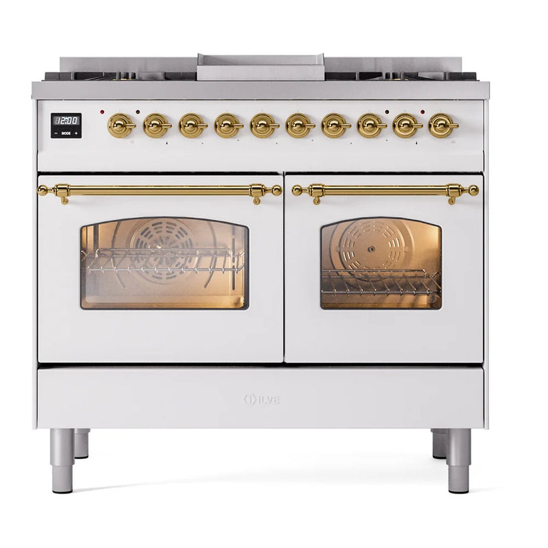 ILVE Nostalgie II 40" Dual Fuel Freestanding Range in White with Brass Trim, UPD40FNMPWHGLP