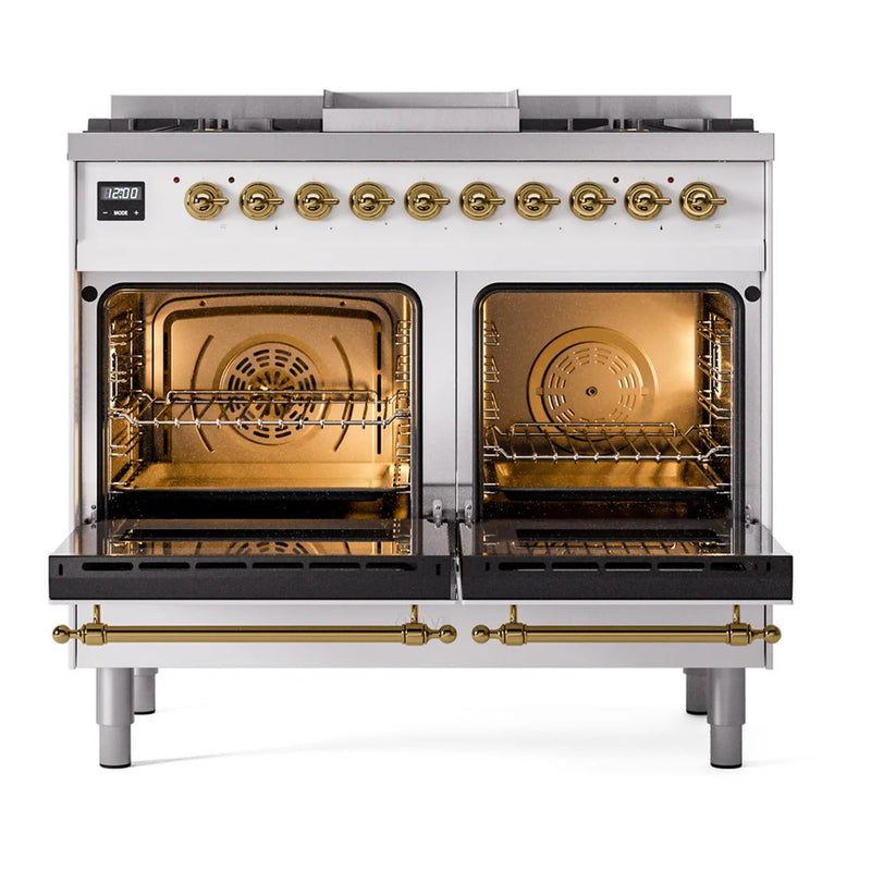 ILVE Nostalgie II 40" Dual Fuel Freestanding Range in White with Brass Trim, UPD40FNMPWHGLP