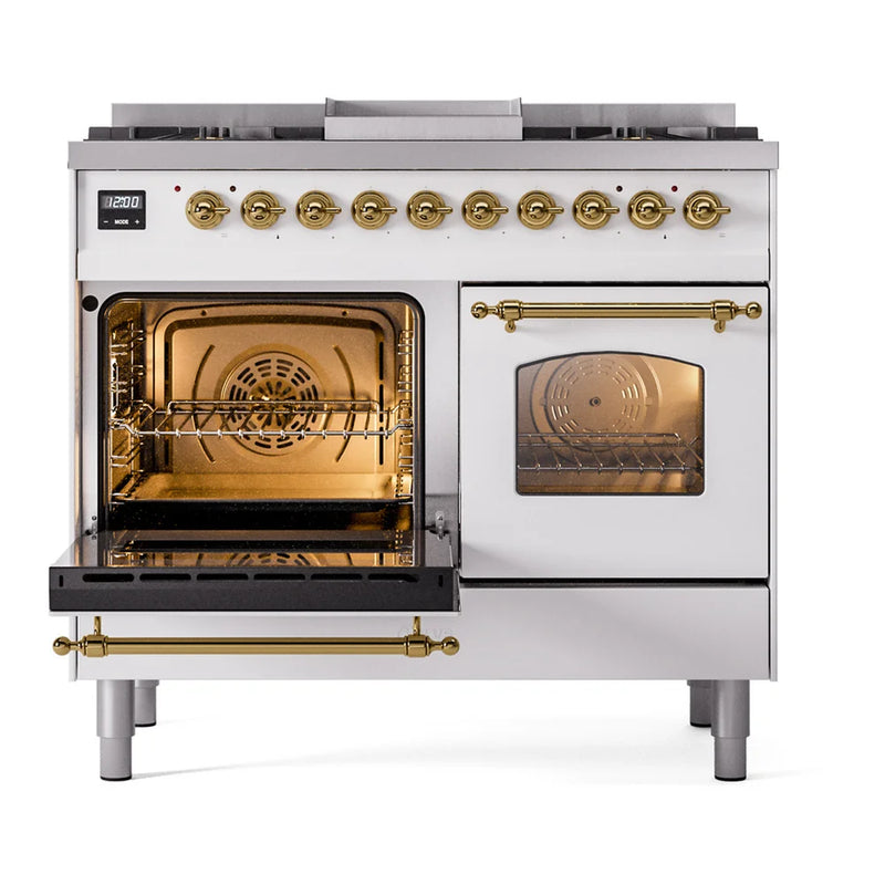 ILVE Nostalgie II 40" Dual Fuel Freestanding Range in White with Brass Trim, UPD40FNMPWHGLP